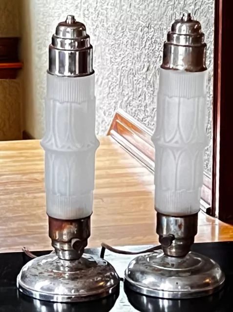 Pair of Vintage Deco Chrome & Frosted Glass Boudoir Table Lamps