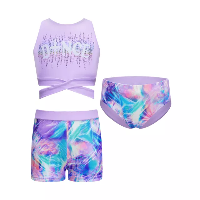 Girls Gymnastics Outfit 3 Piece Sports Dance Crop Tank Top and Ballet Shorts Set