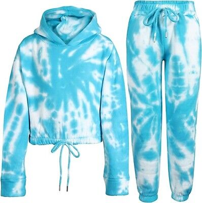 Kids Tracksuit Cropped Hoodie with Jogger Sweatpants Gym Tie Dye Blue 7-8 years