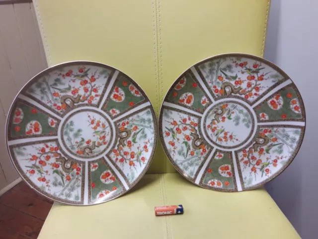 Antique Pair Of Chinese Hand Painted Plates With Flowers & Birds Marks To Back