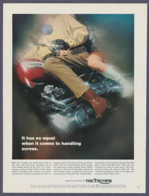 Triumph Trophy 650 Motorcycle Riders Boots Legs Vintage Print Ad 1969