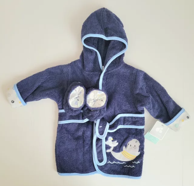 Just Born Baby Boy Blue Hooded Robe & Booties Set Size 0-9 Months New