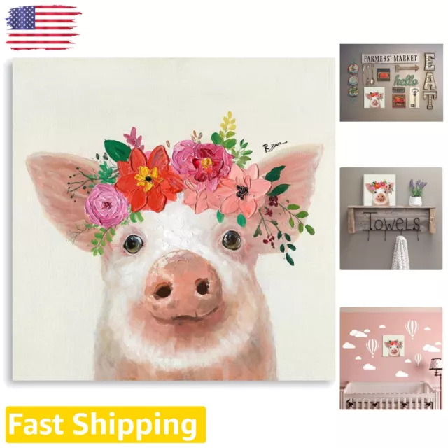 Giclee Pig Canvas Wall Art - Floral Crown Pig Painting 12x12 for Farmhouse Decor