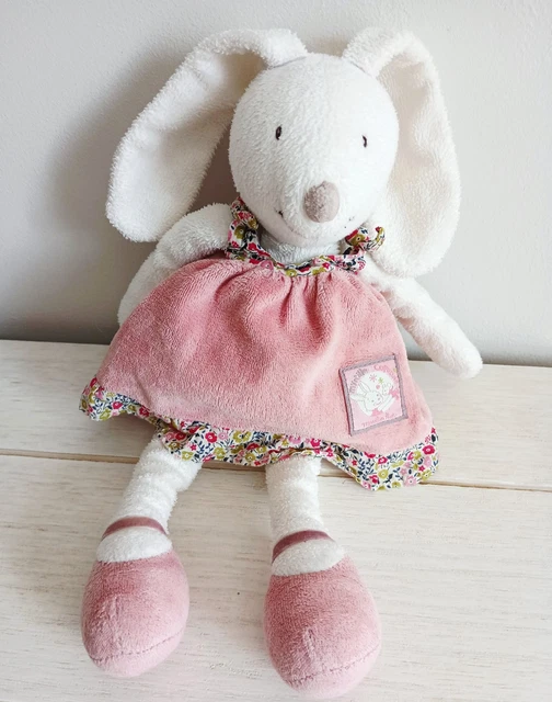 Doudou Lapin Blanc Et Rose Myrtille Et Capucine, Moulin Roty, Salopette Fleurs