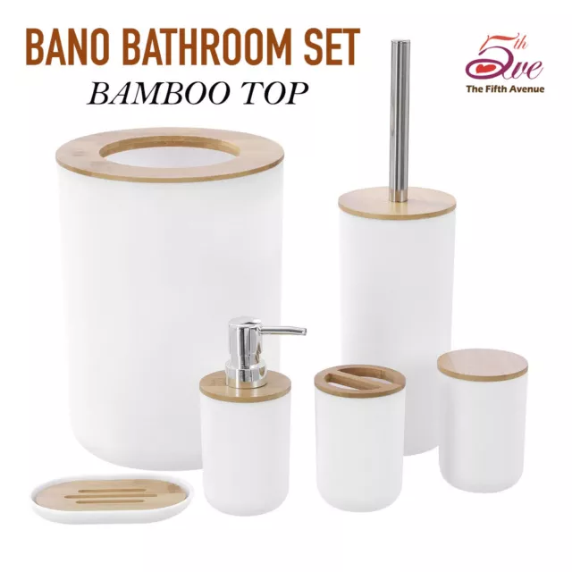 Bano Bathroom Set with Bamboo Top Toilet Brush Soap Dispenser Toothbrush Holder