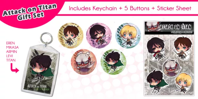 Ensemble cadeau anime Attack on Titan - boutons porte-clés autocollants lot chibi art 2