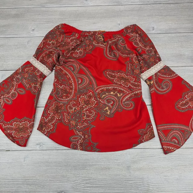 VOOM by Joy Han Blouse Top Womens XS Red Boho Sheek Printed Shirt Flare Sleeve 2