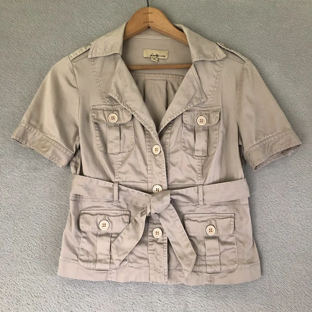 Y2K Top Womens M Beige Safari Shirt Jacket Alice Cullen Belted Pockets Shacket