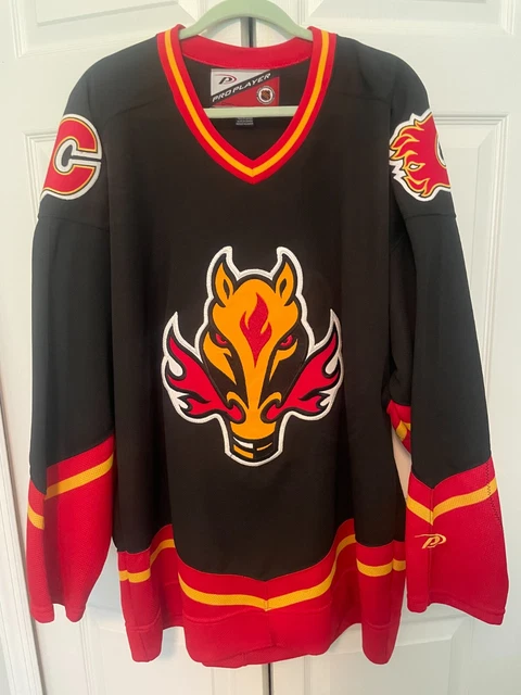 WORN ONCE!! Vtg CALGARY FLAMES Alternate CCM Jersey Men XL Horse BLASTY  Crest