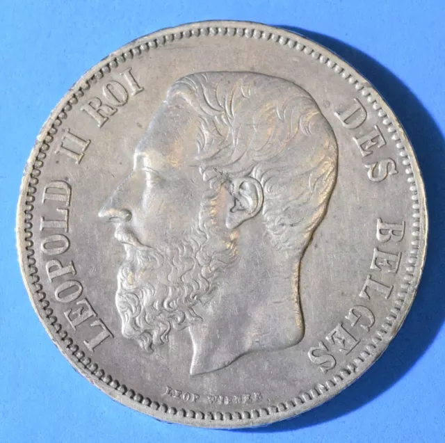 1869 Belgium 5 Francs Large Silver Crown World Silver Coin