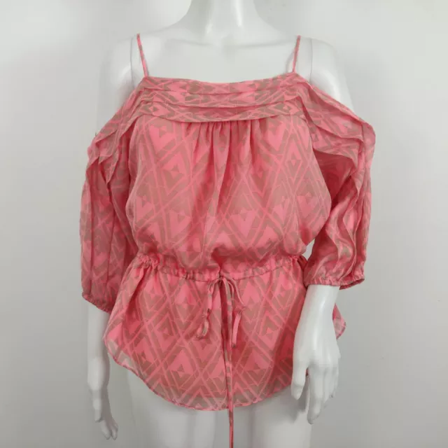 Rebecca Taylor Silk Top  Size 4 Coral Pink Taupe Geo Print Cold Shoulder Lined 2