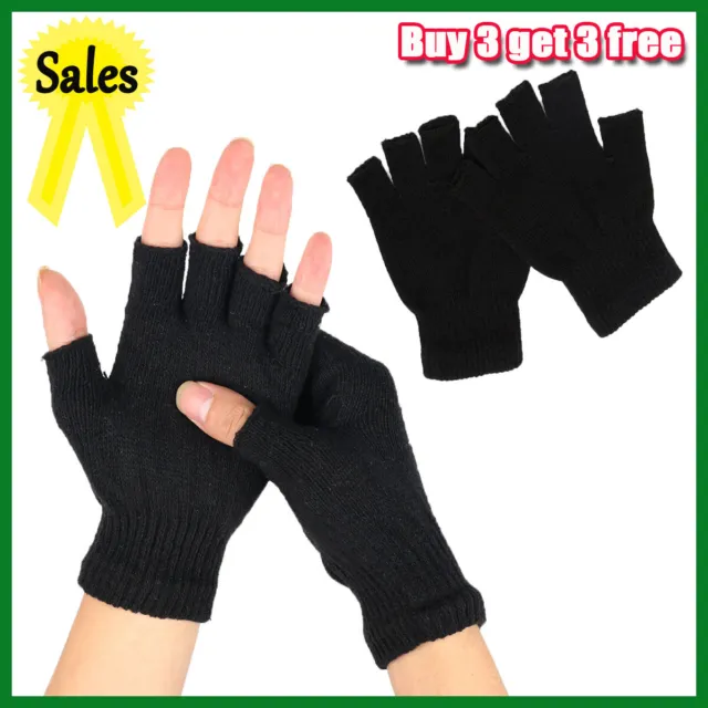 Men Ladies Thermal Fingerless Gripper Gloves Knitted Black Half Finger Mittens