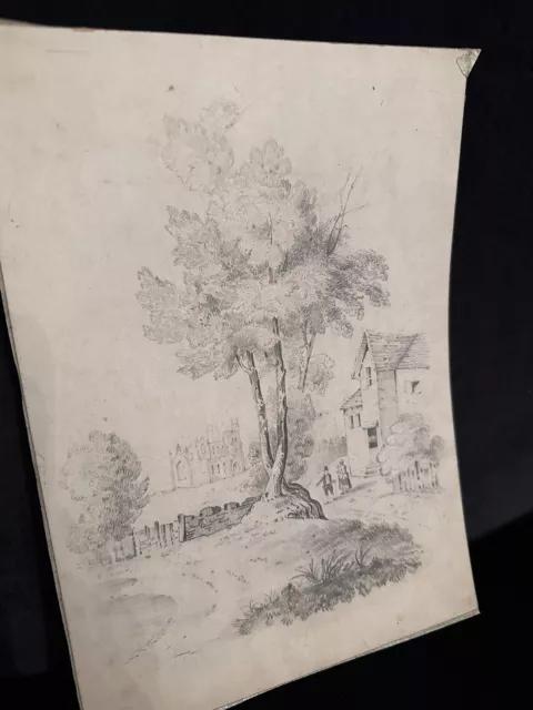 19th century antique pencil landscape drawing on card  Victorian