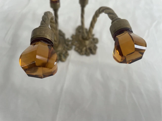Pair 2 Antique Victorian Ornate Amber Glass Brass Hook Coat Hanger Wall Hardware 20