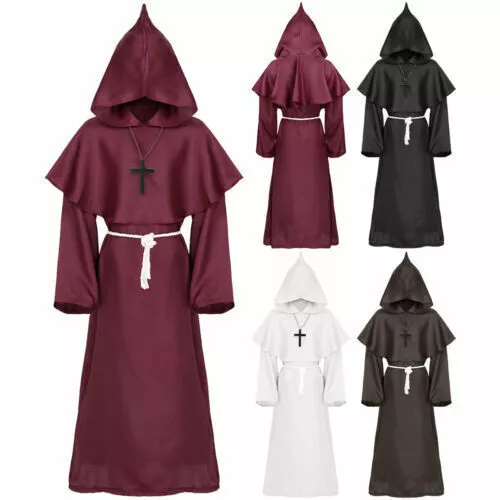 Renaissance Priest Sorcerer Robe Halloween Cosplay Costume Hooded Cape Unisex