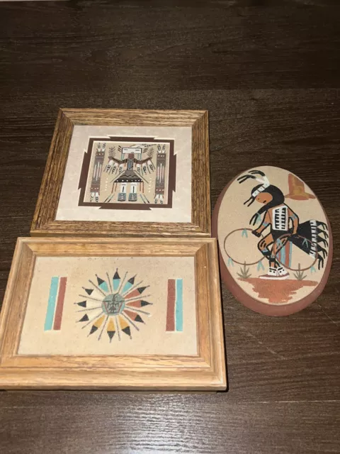 Lot Of Three Authenitic Navajo Native American Sand Art Deco Pieces