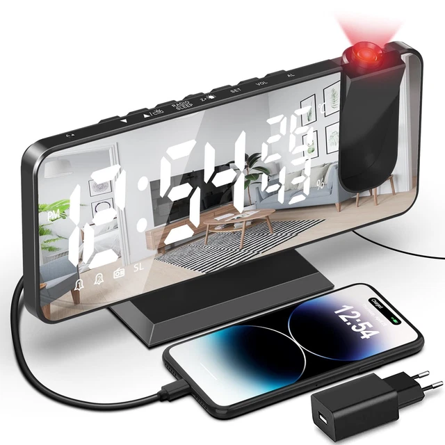 Réveil à Projection Plafond Heure, Horloge Enfant et Murale, 7 Grand Écran LED Reveil Projecteur 180°, Luminosité Réglable à 5 Niveaux, Double Alarme, Snooze, Charge USB, 12/24H