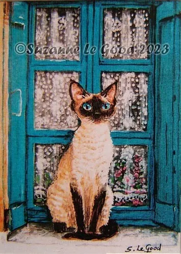 Devon Rex cat Santorini ACEO print mounted signed from painting Suzanne Le Good