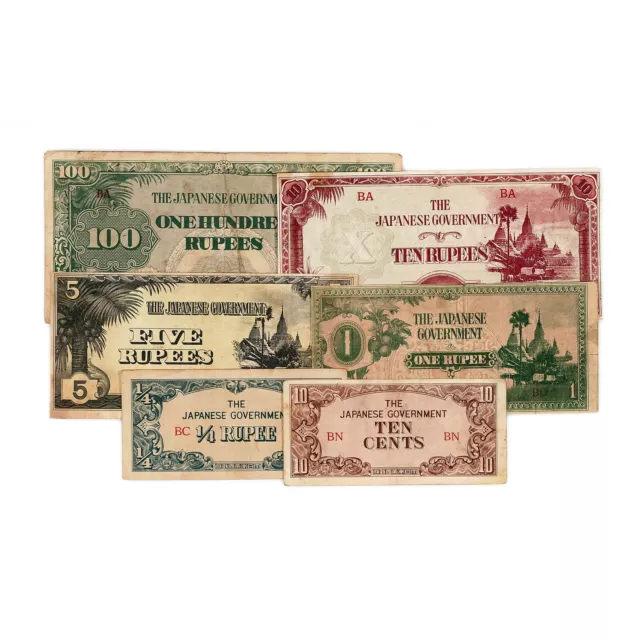 6 different Japan invasion of Burma paper money 1940's WW2 era circ.