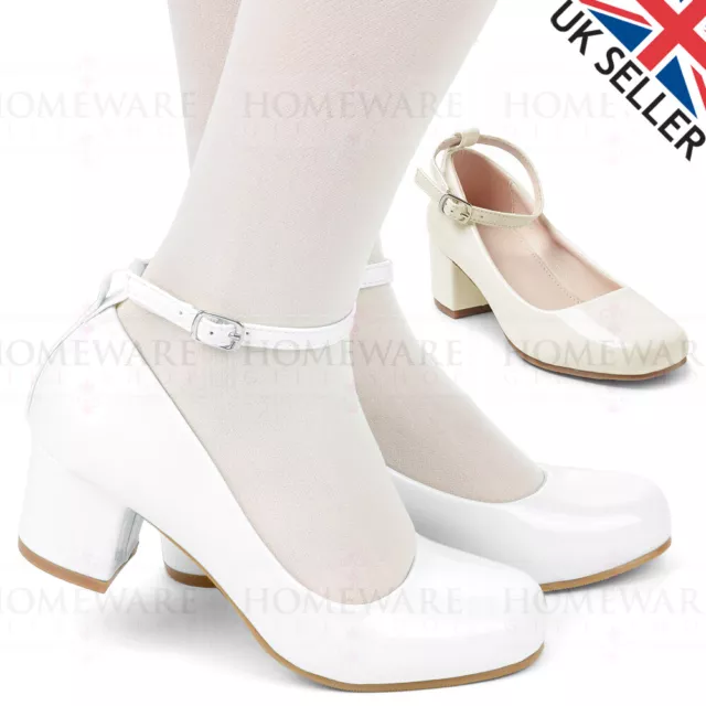 Girls Communion Shoes Wedding Patent White Ivory Mary Jane Mid Heel Ankle Strap