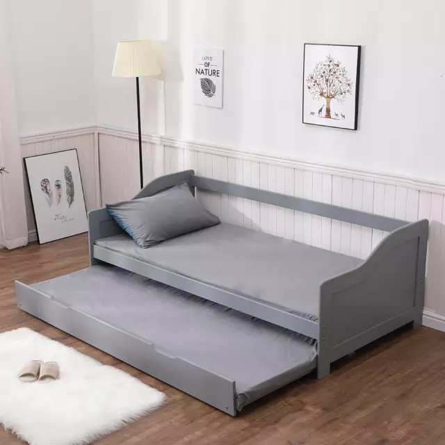 Naples Single Grey 3ft Wooden Day Bed with Pull Out Trundle Guest Bed Pine