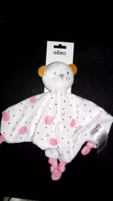 doudou plat ours blanc rose pois Bisou doux GEMO - NEUF -