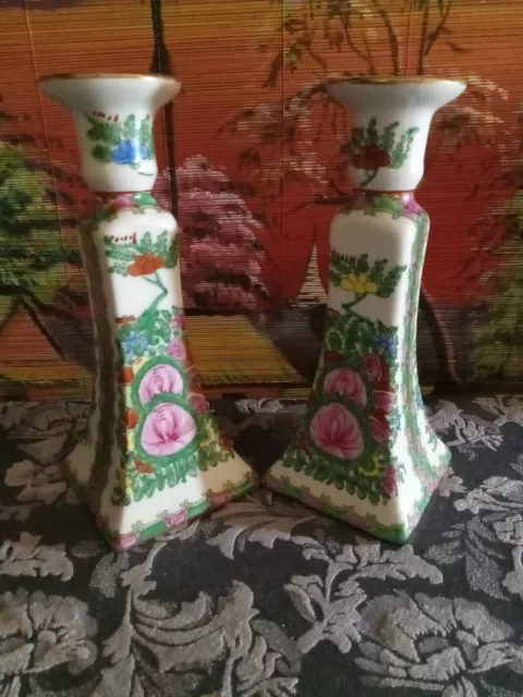 An 8.5"Mid Century Hand Painted  Pair Of Chinese Chinoiserie Candlesticks