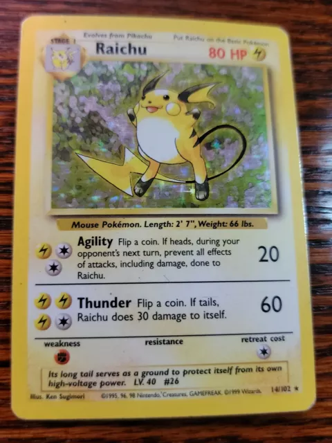 Raichu 14/102 -  Base Set Unlimited - WOTC Holo Rare Pokemon Card - Vintage - MP