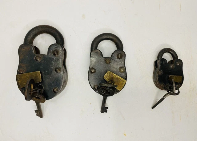 Unit of 3 Antique Victorian Wrought Cast Iron Brass Rivet Cover Skeleton Padlock