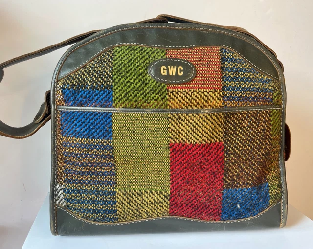Vtg 60'S French Luggage Co Plaid Tweed Red Green Blue Travel Duffle Shoulder Bag