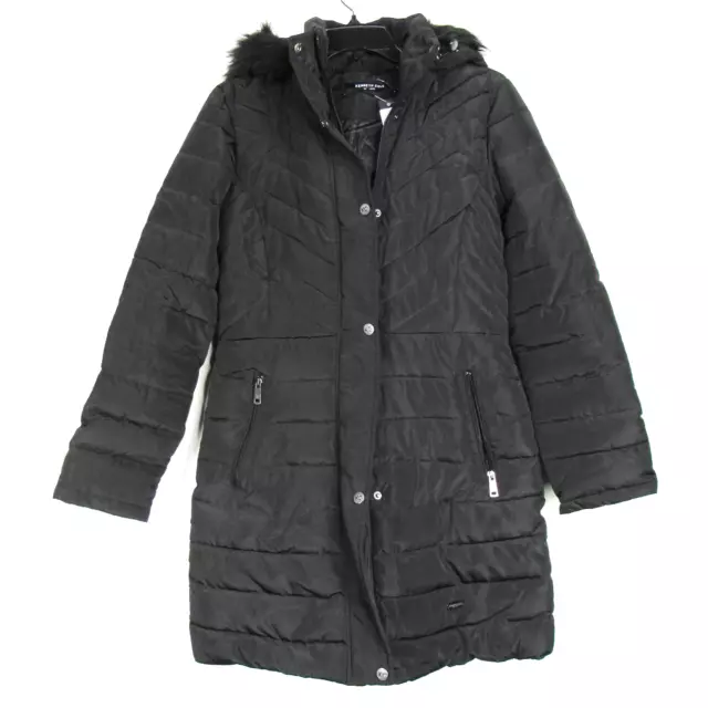 Kenneth Cole New York Women's Puffer Jacket with Faux Fur Trim In Black Sz S 2