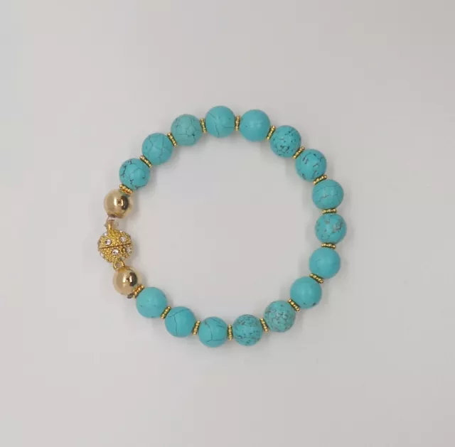 Bracelet Perles Turquoise 8mm avec fermoir magnétique. Tour de poignet 15 cm