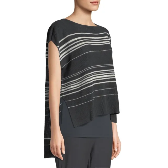 Eileen Fisher Fine Organic Linen Crepe Knit Poncho Sz S Graphite/Bone Lagenlook