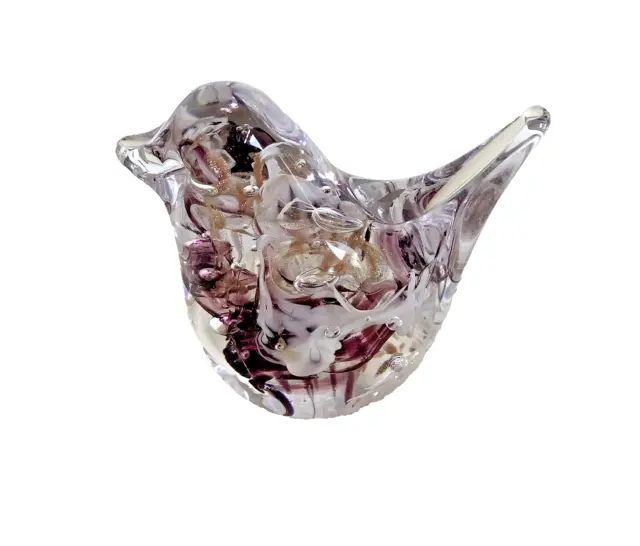Glass Bird Clear Encased Purple White Gold Flecks 3" High Ornament Paperweight 2