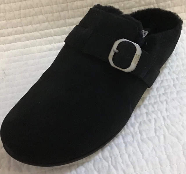 Fitflop Nib Chrissie Adjustable Buckle Suede Shearling Clog Slipper/Shoe Black 8