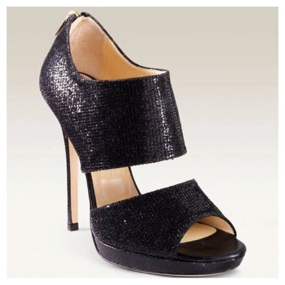 Jimmy Choo Black Glitter Private Platform Sandals Celebrity Designer Size 39