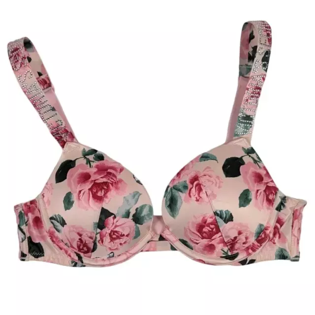 NEW Victoria's Secret Very Sexy Push Up Bra Women's 32A Pink Floral Rhinestone *