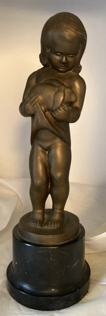 Vtg Early 20th Century Signed W. SCHLENDER Bronze Figure Little Girl with Rabbit