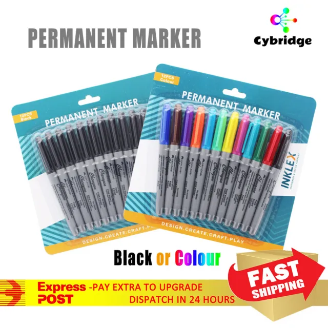 12pk Coloured Black Permanent Marker Assorted Markers Pen Office Stationery AU