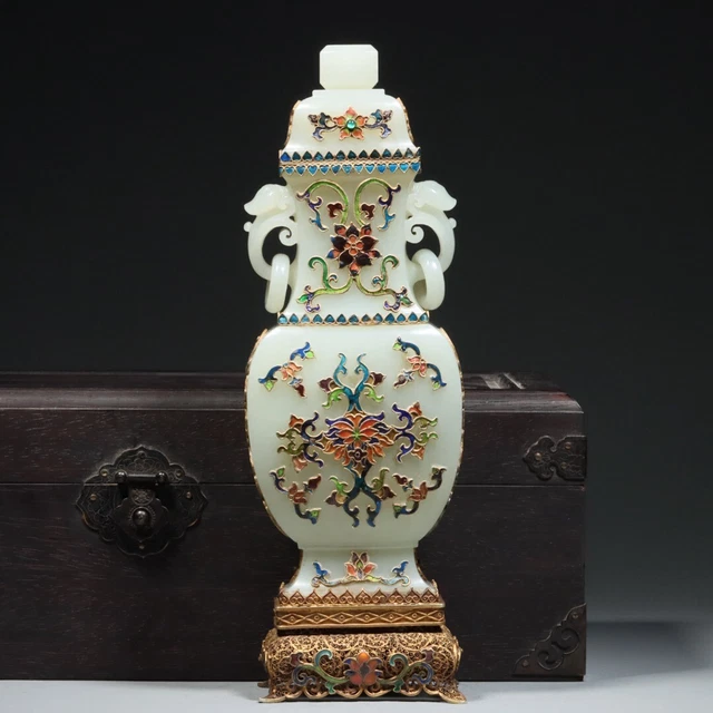 Chinese Exquisite Handmade Silver Gilt Blueing Inlaid Hetian Jade Bottle Statue
