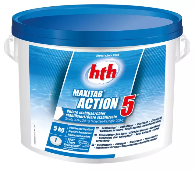 HTH MAXITAB ACTION 5 Galet 200g - 5kg | Chlore Lent Stabilisé Multifonction