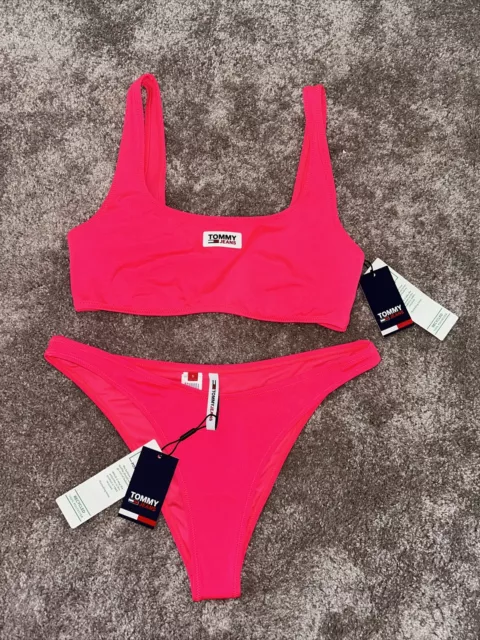 Set bikini jeans Tommy Hilfiger rosa neon nuovi con etichette donna taglia uk s 8/10