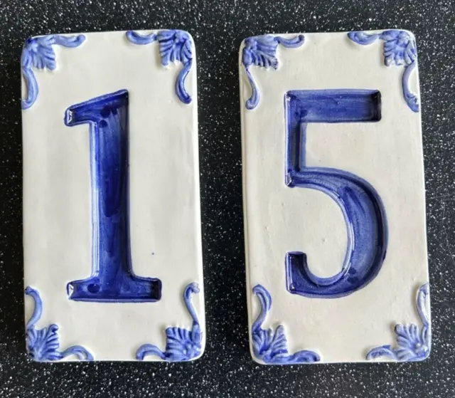Ceramic Hand-Made Italian Blue & White House Numbers - Number 1 & Number 5
