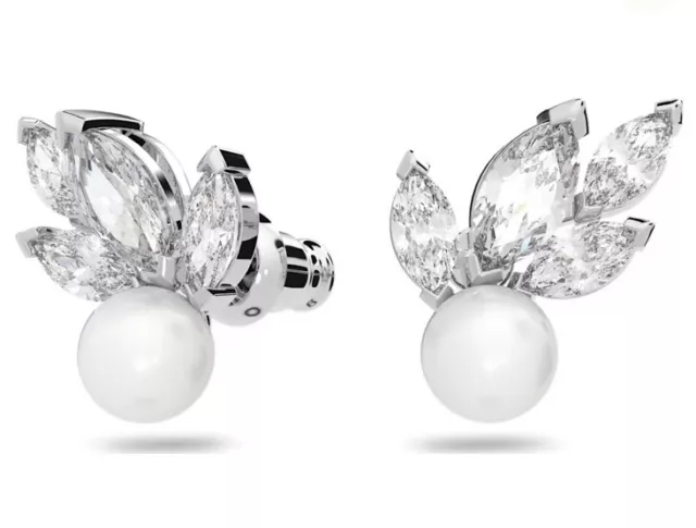 Swarovski Louison Pearl stud earrings W/crystal Leaf, White, Rhodium plated, NIB