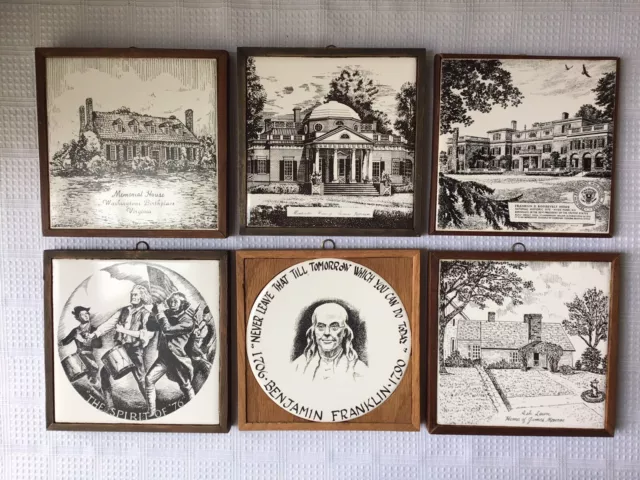 Lot Of 6 Vintage Porcelain Tiles Mounted On Wood, American Historical Scenes