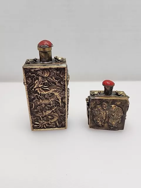ANTIQUE BRASS CHINESE EMBOSSED SNUFF BOTTLE DRAGON  GUANGXU Tiger Frog Lot Of 2