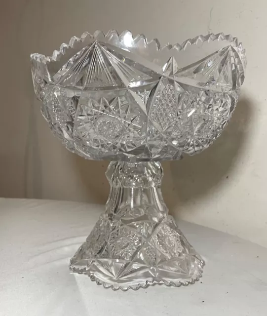 antique American brilliant cut etched crystal 2 piece centerpiece punch bowl . 2
