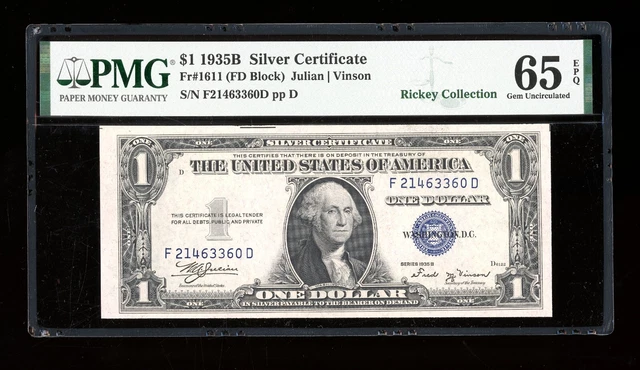 $1 1935-B Silver Vinson Gem FD Block Fr. 1611 Gem PMG 65 EPQ Serial F21463360D