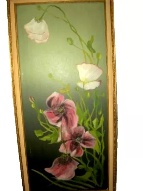 ANTIQUE 1800 FLORAL OIL PAINTING LONG NARROW ON TIN ORNATE FRAME SCOTLAND 19th C 2