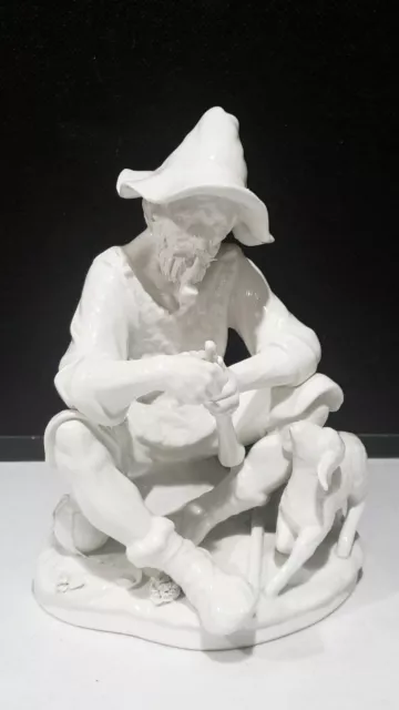 Dresden Old Man with Hat Pipe Lamb Blanc de Chine Figurine Signed S Matt 11"